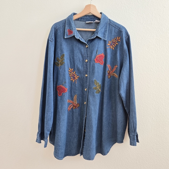 Vintage Bobbie Brooks Blue Denim Shirt Embroidered Perfect For Fall Size 22W - Picture 1 of 11